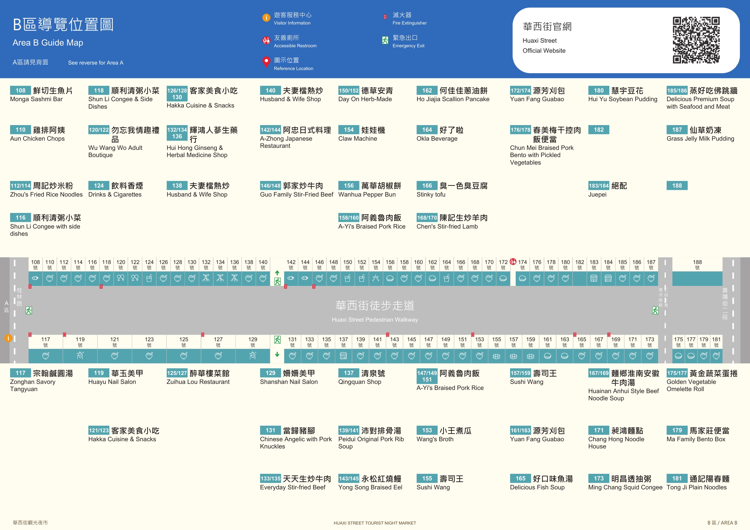 華西街 B 區導覽圖,含店家編號、步道與街口;點擊開啟完整圖片